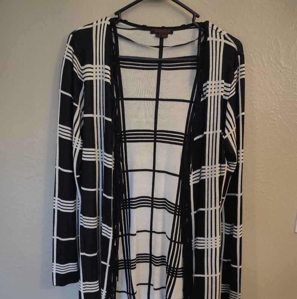 Fontana Black & White Plaid Open Cardigan Sweater with Fringe - Women's Size Med - Picture 3 of 11